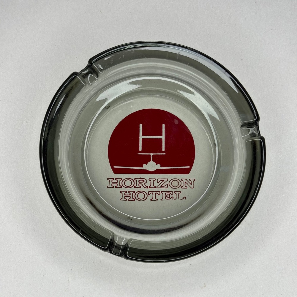 Vintage Horizon Hotel Smoky Glass Ashtray Red Logo Mid Century Modern Tobacciana
